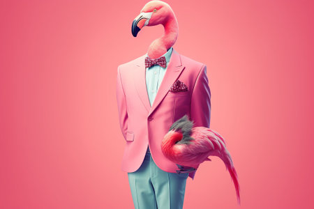 Flamingo in a suit and bow tie on a pink backgroundの素材