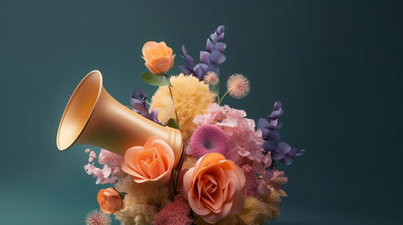 Bouquet of flowers with a megaphone on a blue backgroundの素材