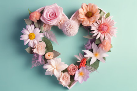 Heart made of flowers on turquoise background. Flat lay.の素材