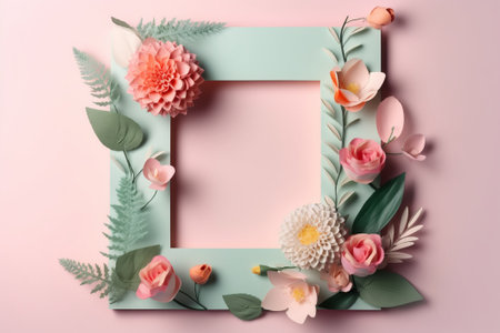 Flowers composition. Frame made of flowers on pastel background. Flat lay, top view, copy spaceの素材