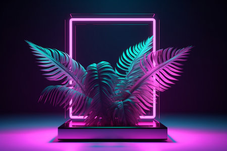 Neon abstract background with palm leaves. 3d render illustration.の素材