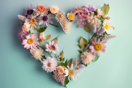 Colorful spring flowers in the shape of a heart on blue backgroundの素材