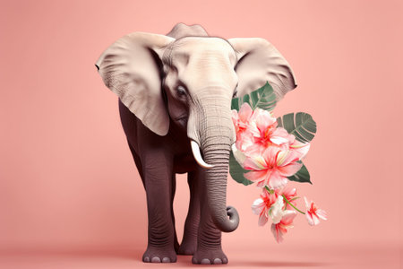 Elephant with flowers isolated on pink background. 3d illustration.の素材