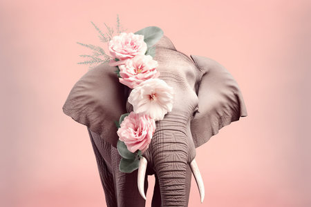 Elephant with flowers on a pink background. The concept of love and romance.の素材