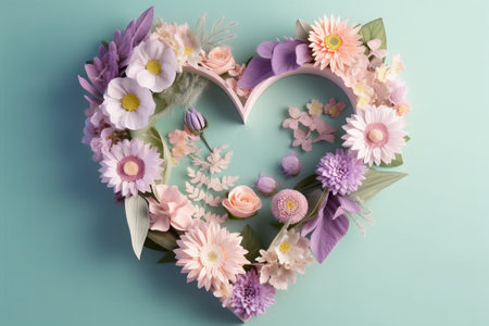 Heart made of colorful flowers on blue background. Flat lay, top viewの素材