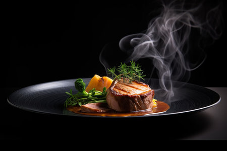 Grilled beef steak with spices and herbs on black plate. Restaurant menuの素材