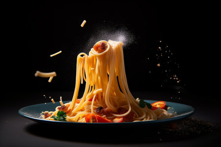 Spaghetti with tomato sauce and parmesan on a black backgroundの素材