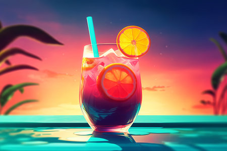 Cocktail on the beach at sunset. 3D illustration.の素材