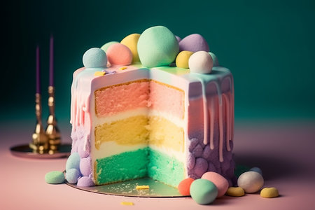 Colorful Easter cake and candies on a green background. Toned.の素材