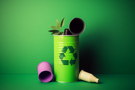 Recycle bin with green leaves and purple plastic bottle on green backgroundの素材