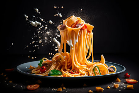 Spaghetti with tomato sauce and parmesan cheese on black backgroundの素材