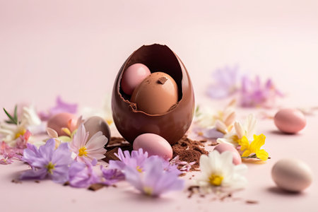 Easter chocolate egg with spring flowers on pink background. Happy Easter concept.の素材