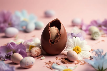 Easter chocolate egg with flowers on pink background. Happy Easter conceptの素材