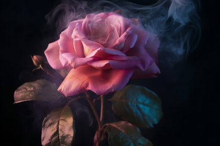 Beautiful pink rose on a black background with smoke and fog.の素材