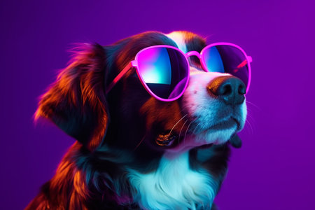 Portrait of a beautiful dog wearing sunglasses on a purple background.の素材