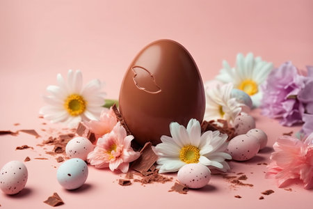 Chocolate Easter egg with flowers on pink background. Happy Easter concept.の素材