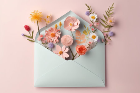 Envelope with flowers on a pink background. 3d renderingの素材