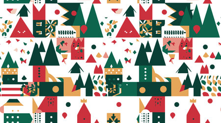 Seamless pattern with Christmas trees and houses. Vector illustration.