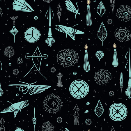 Seamless pattern with hand drawn occult symbols. Vector illustration.のイラスト素材