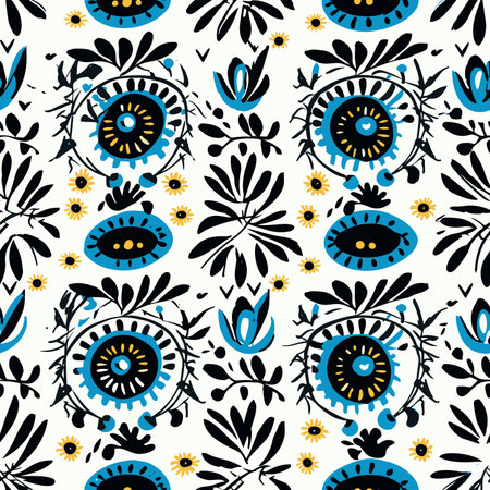 Vector seamless pattern with eyes and flowers. Hand drawn vector illustration.