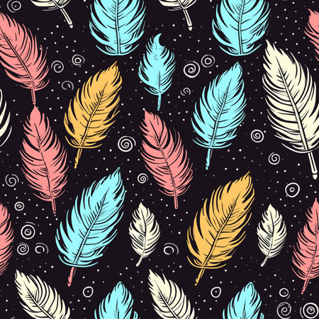 Seamless pattern with colorful feathers on black background. Vector illustration.のイラスト素材