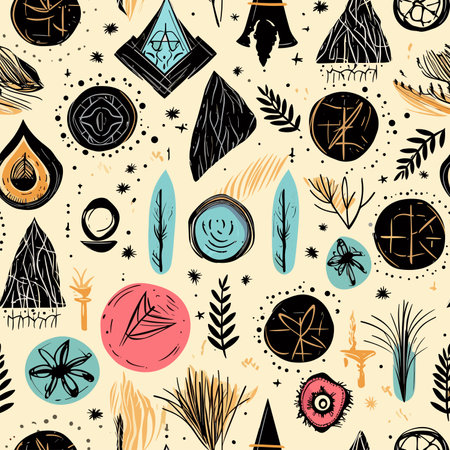 Seamless pattern with hand drawn occult symbols. Vector illustration.のイラスト素材