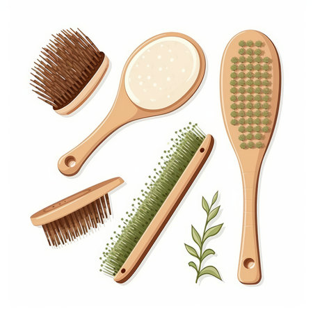 Set of wooden hairbrush and hairbrushes. Vector illustration.のイラスト素材
