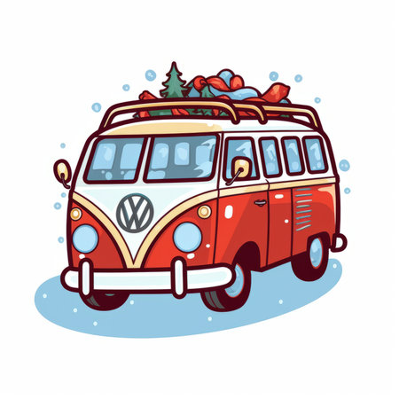 Vintage van with christmas tree and snowflakes. Vector illustration.のイラスト素材