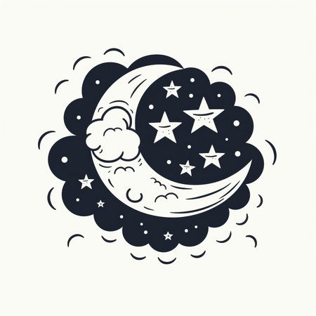 Moon with stars and clouds. Vector illustration in doodle style.のイラスト素材