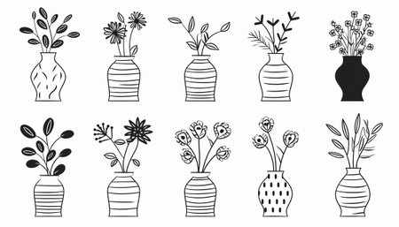 Vector set of vases with flowers and plants in flat style.のイラスト素材