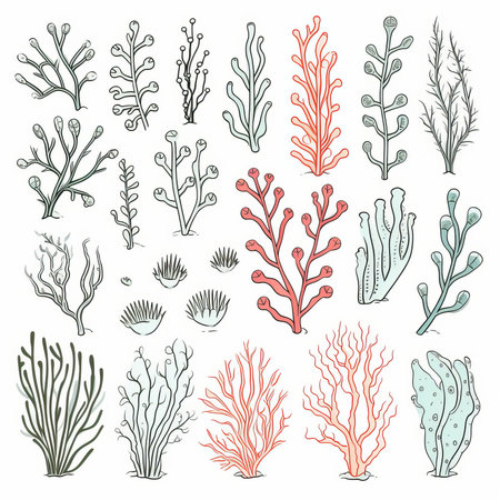 Seaweed set. Hand drawn doodle seaweeds. Vector illustration.のイラスト素材