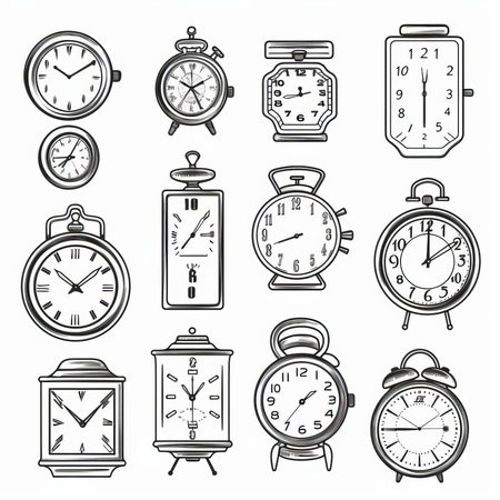 Set of vintage alarm clocks. Vector illustration. Isolated on white background.のイラスト素材