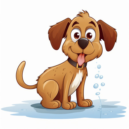 Illustration of a puppy playing in the water on a white backgroundのイラスト素材
