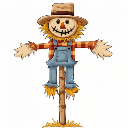 Illustration of a scarecrow on a wooden stick on a white backgroundのイラスト素材
