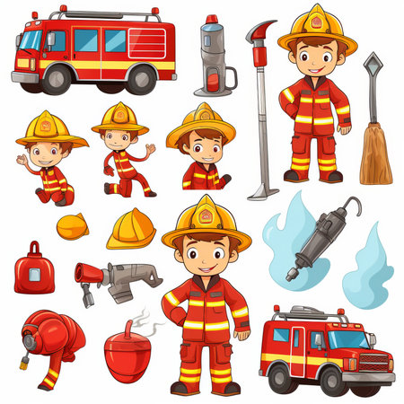 Fireman profession icons set in cartoon style isolated on white background illustrationのイラスト素材