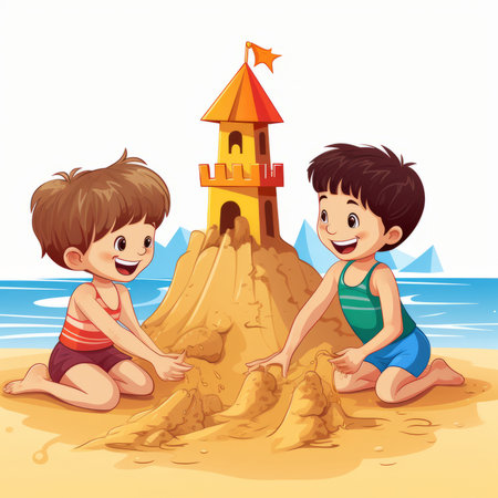 Children playing sandcastle on the beach. Vector illustration of a boy and a girl playing with sandのイラスト素材