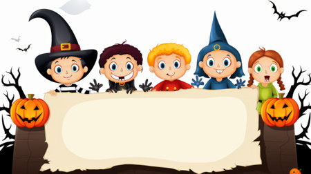 Halloween theme with kids and blank banner on the white background illustrationのイラスト素材