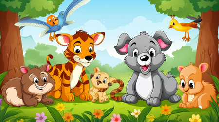 Animals in the jungle illustration. Cartoon animals in the forest.のイラスト素材