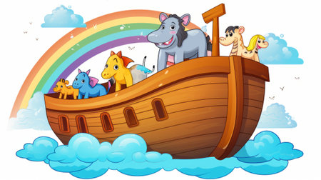 Animals riding on wooden ship with rainbow in the sky illustration.のイラスト素材