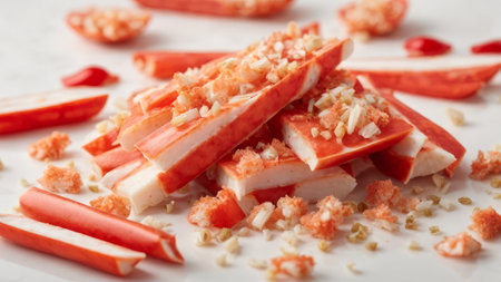 crab sticks with parmesan cheese on white plate, closeupの素材