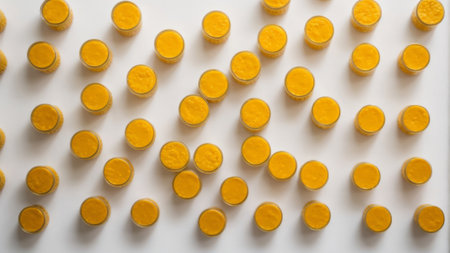 Top view of a row of orange slices on a white background.の素材