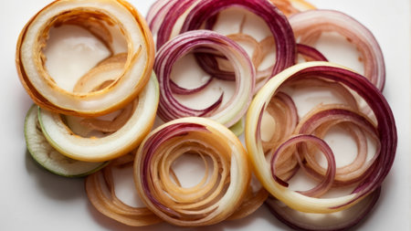 Sliced onion rings on a white background, close-upの素材