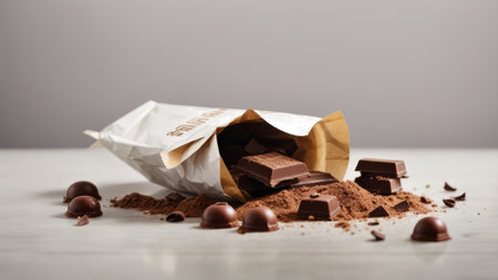 Chocolate bar and cocoa powder on white wooden table with grey backgroundの素材