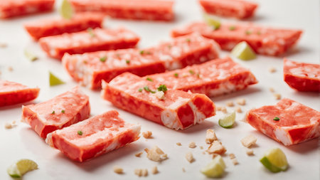slices of raw tuna on white plate with lime and parsleyの素材