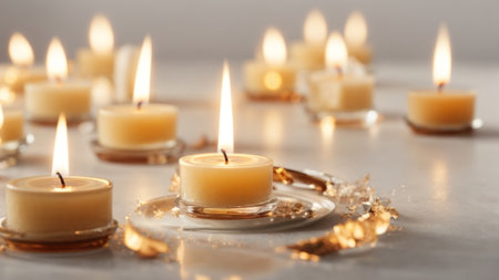 Burning candles on light table, closeup. Space for textの素材