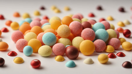 Colorful candies on white background, closeup. Sweet foodの素材