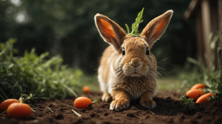 Cute little rabbit with carrot in garden on summer day. Easter conceptの素材