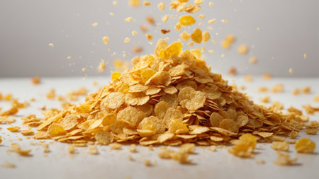 Cornflakes falling into the air on a white background. Motion.の素材
