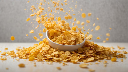 Cornflakes falling into a bowl on a white wooden background.の素材