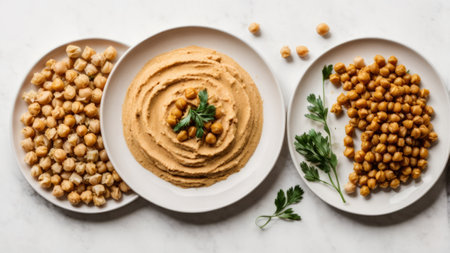 Hummus with chickpeas and parsley, top viewの素材